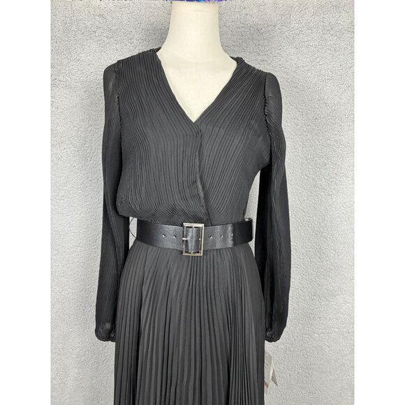 Taylor Women's Black Pleated Belted Fit & Flare Midi Chiffon Dress 12 NWT's. - Picture 2 of 8